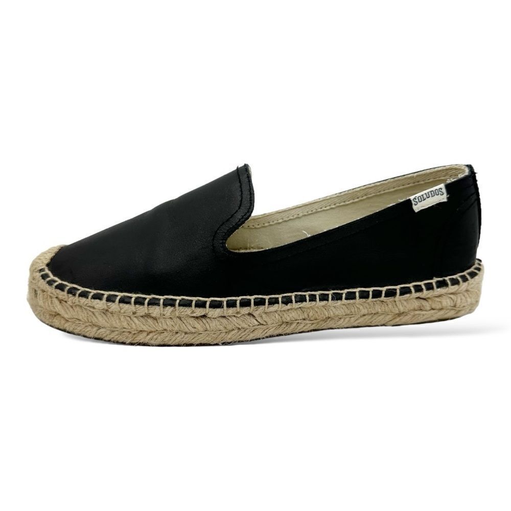 Soludos Leather Espadrille Platform Smoking‎ Slipper Flat Size  8M Black